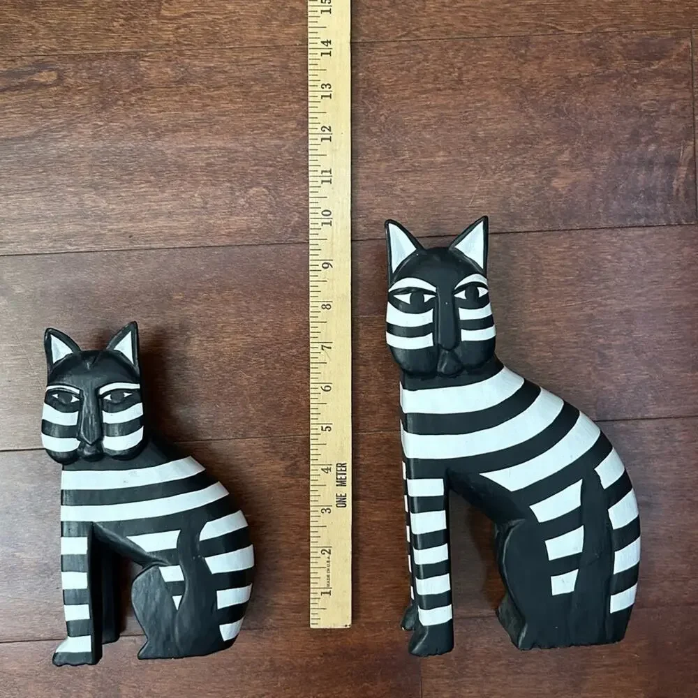 Laurel Burch Style Vintage Pair of Striped Black and White Cat Wooden Figurines